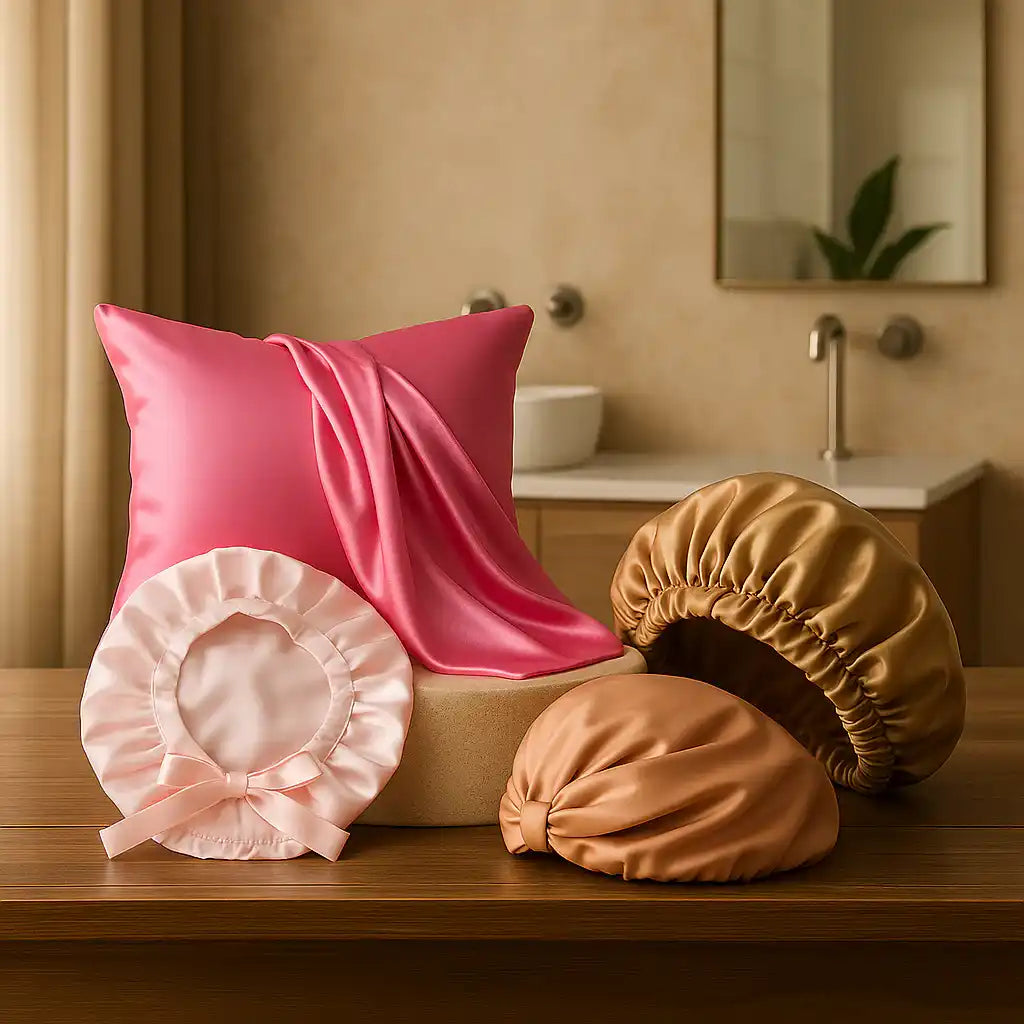 Une collection de taies d'oreiller et de bonnets en satin dans différentes nuances de rose et d'or.