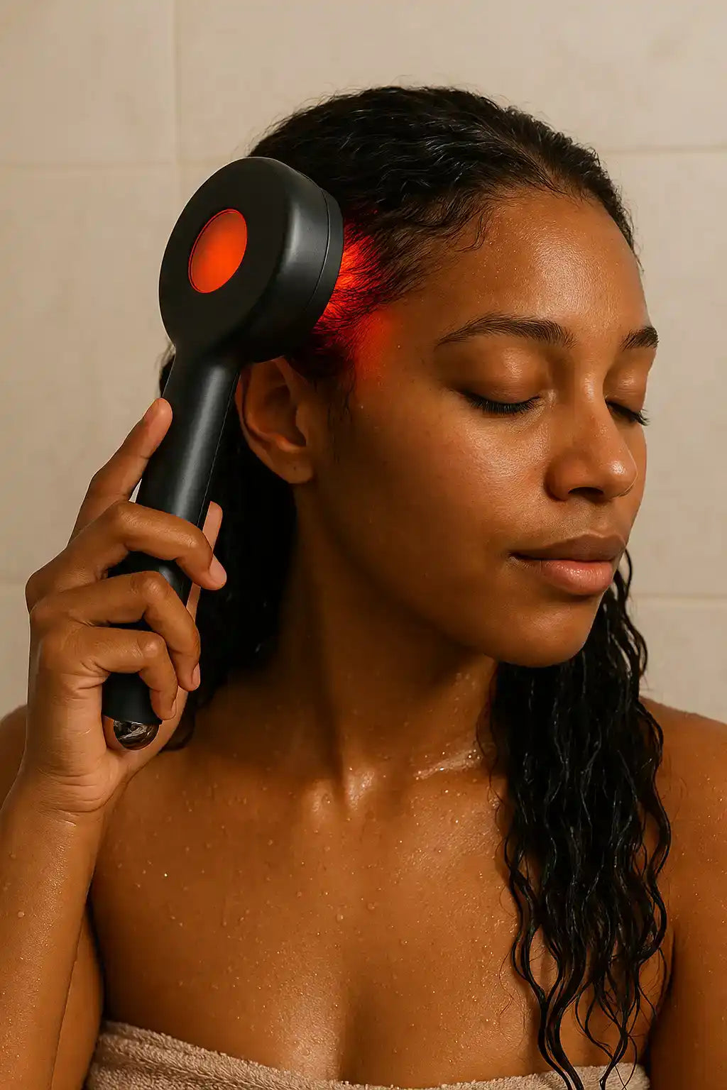 Une femme utilisant un appareil portable avec une lumière rouge brillante sur le cuir chevelu.