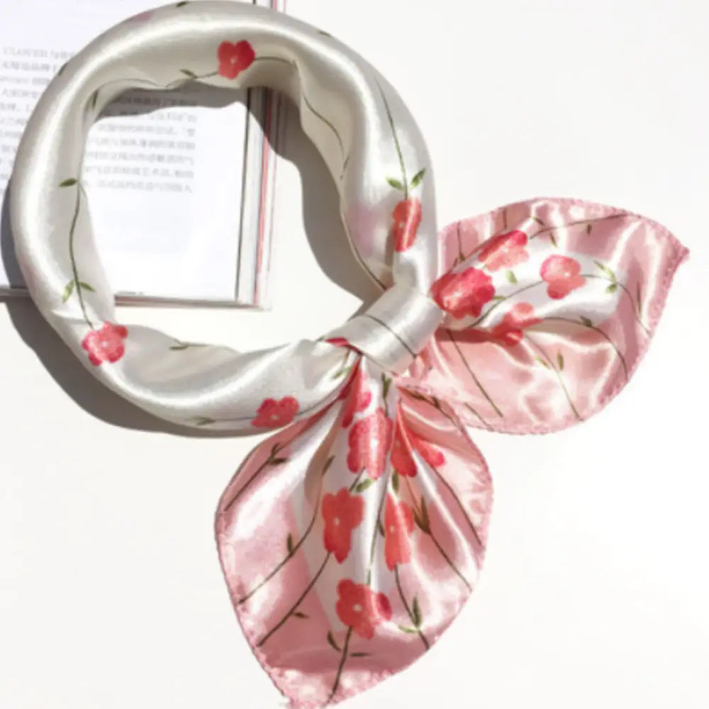 Foulard carré de soie - Blanc + rose floreaux / 50 * 50 cm