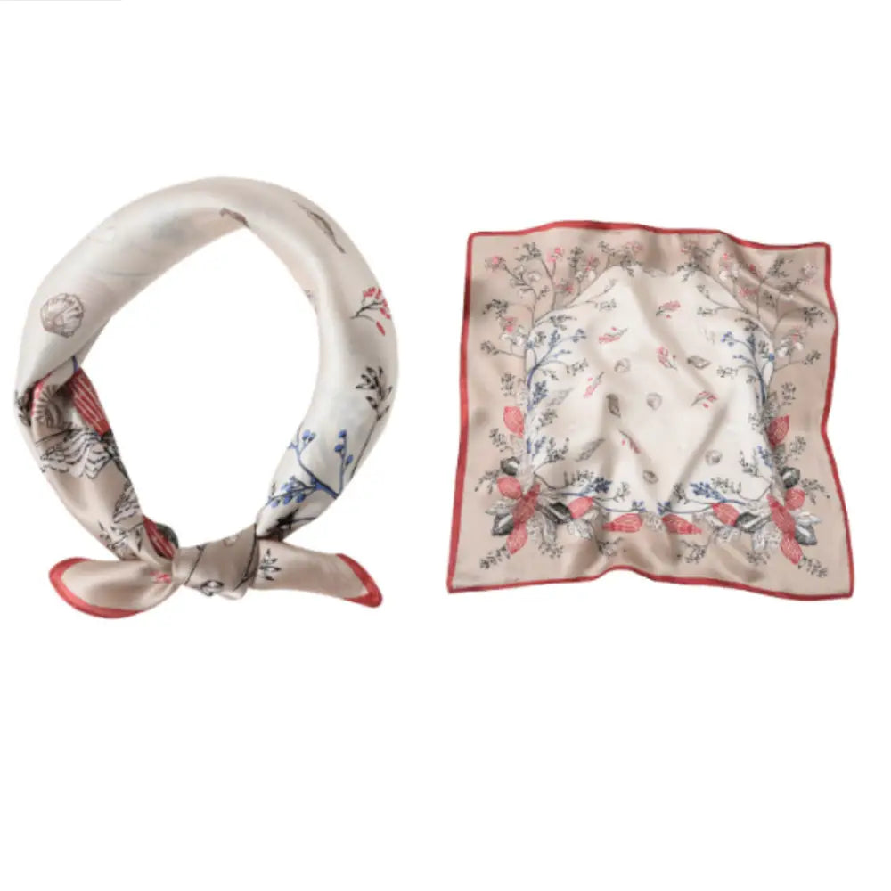 Foulard en soie luxe - Beige + fleurs / 53 * 53 cm
