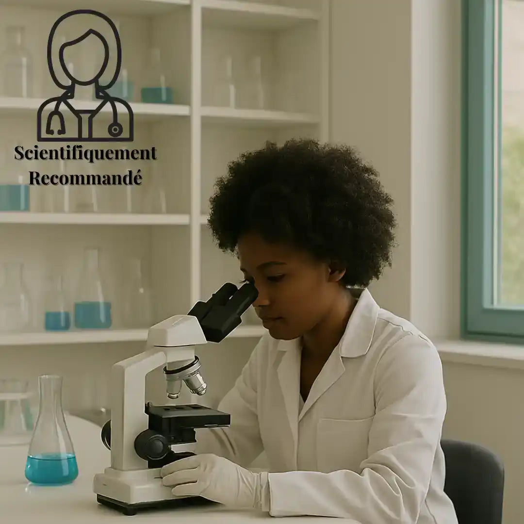 Une femme noire avec une afro portant une blouse de laboratoire et des gants regardant dans un microscope blanc, avec un bécher de liquide bleu à proximité.