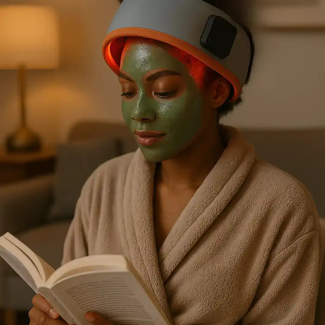 Une personne portant un masque facial vert et un appareil de luminothérapie sur la tête, lisant un livre.
