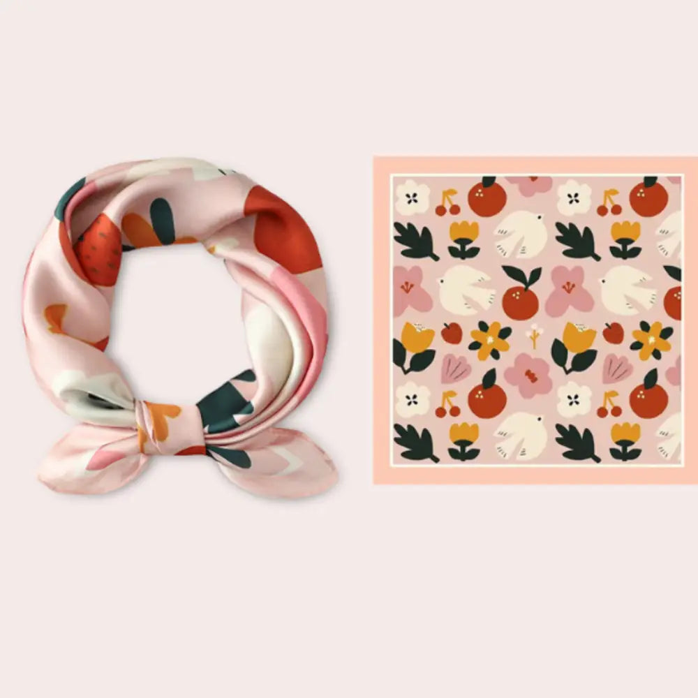 Petit foulard femme - Pommes + Fleurs + oiseaux