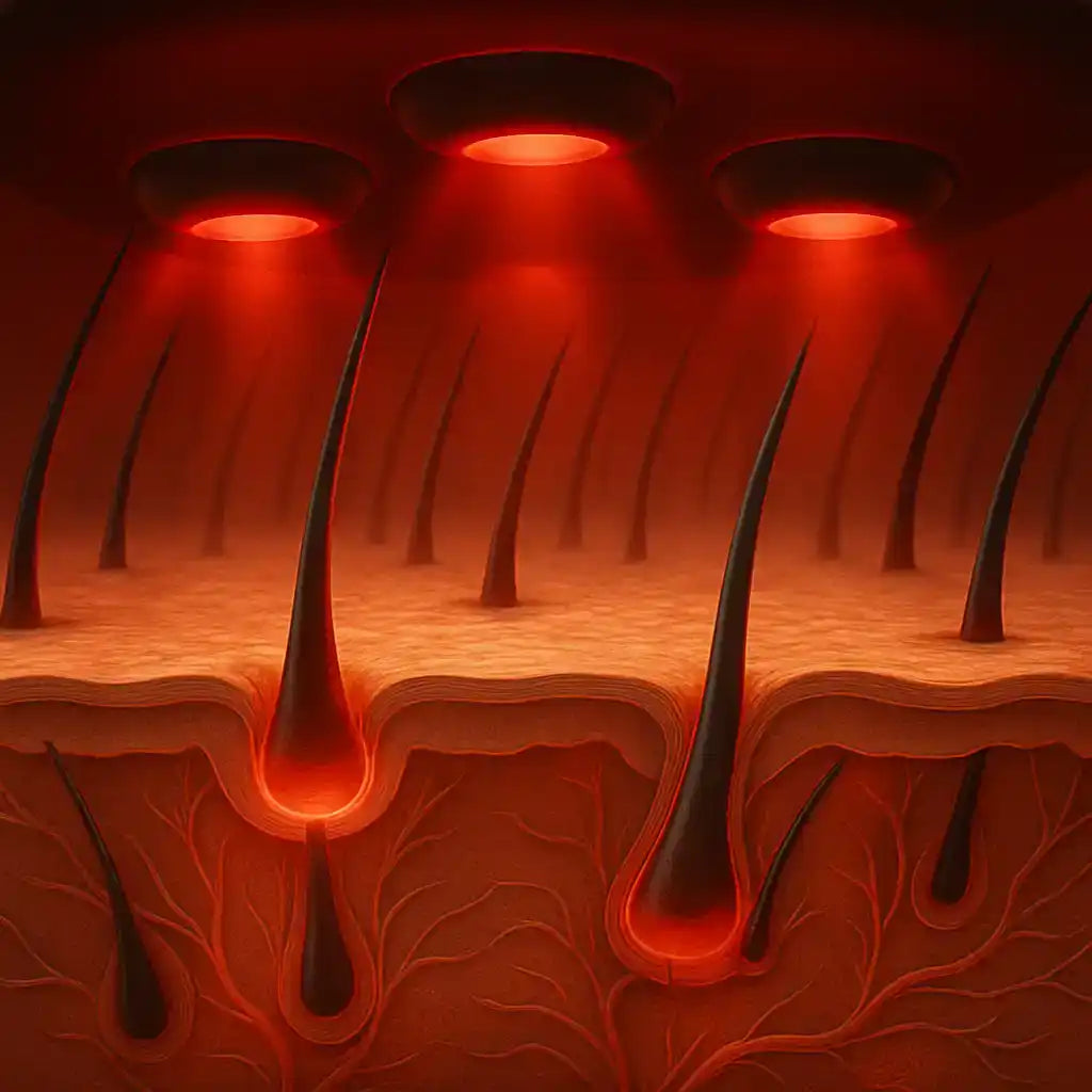 Thérapie par lumière rouge ciblant les follicules pileux.