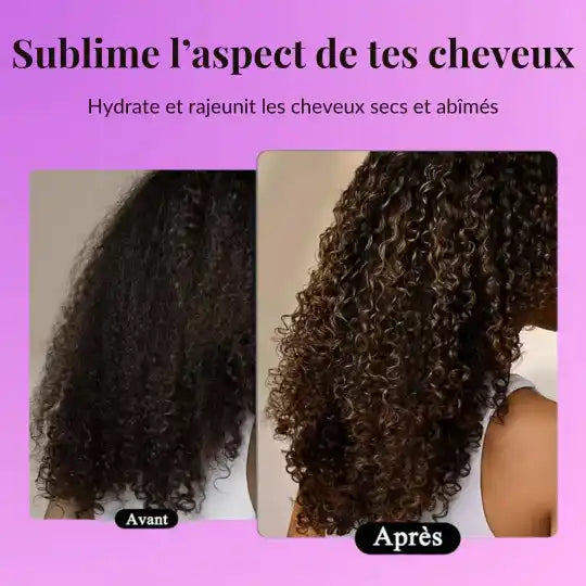 Une comparaison côte à côte des cheveux bouclés avant et après un traitement, montrant une meilleure définition des boucles et une hydratation accrue.