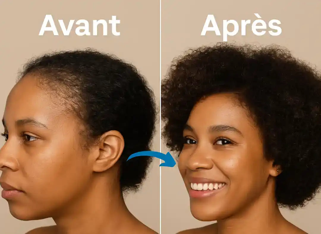 Les cheveux d'une femme avant et après un traitement capillaire.