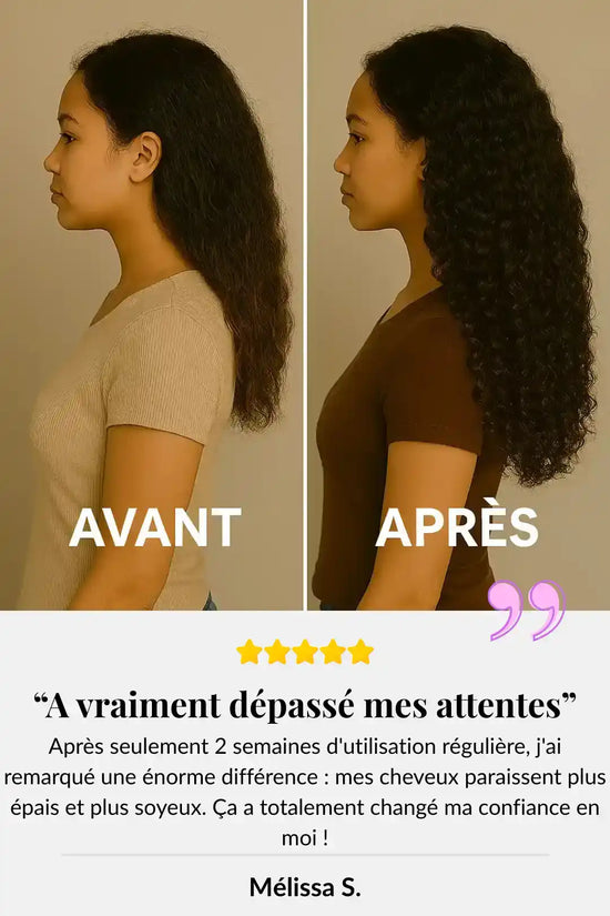 Les cheveux d'une femme avant et après un traitement capillaire.